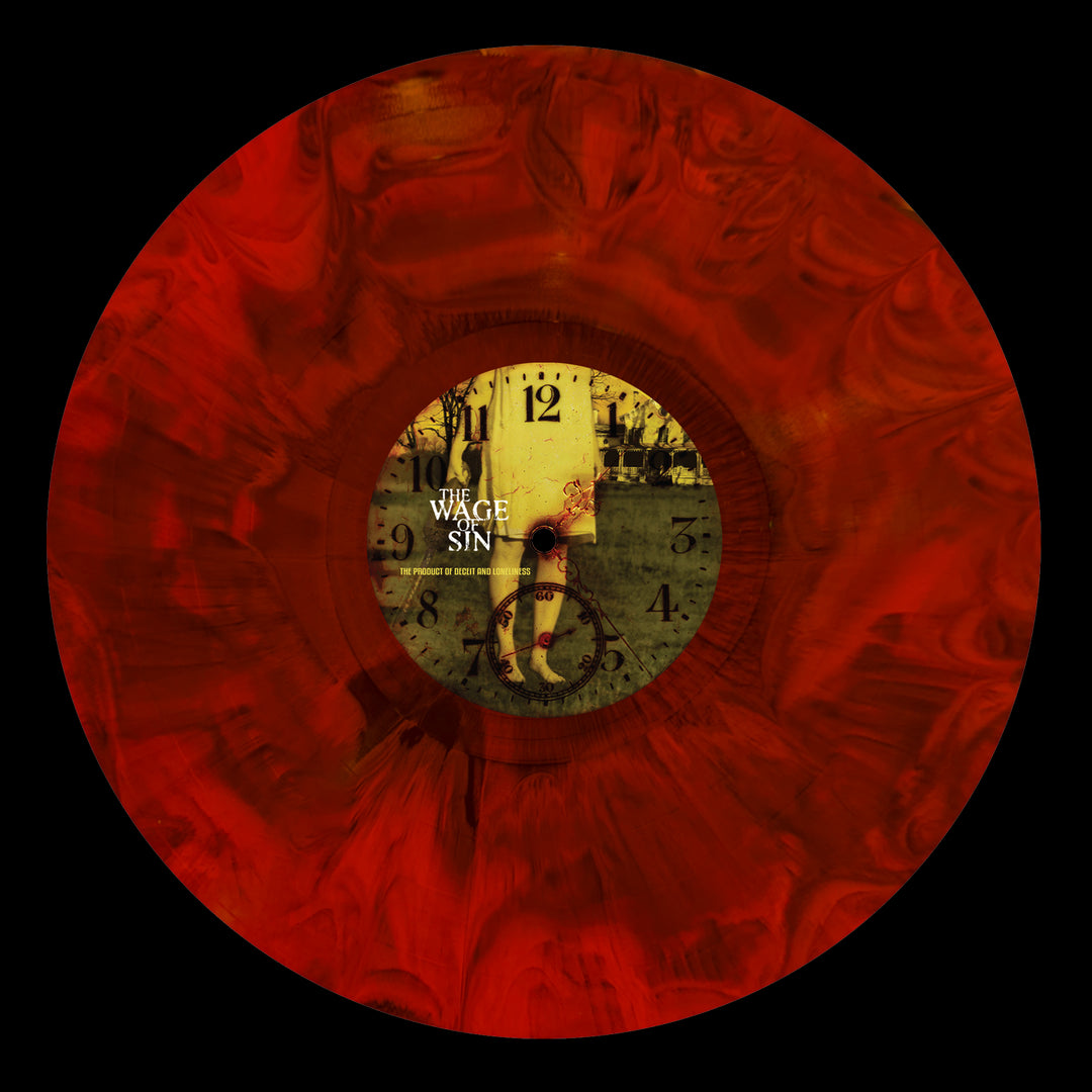 The Wage Of Sin limited edition red marbled metalcore vinyl features a clock face and vintage photo with people on the center label, plus "The Wage Of Sin" text near the top.