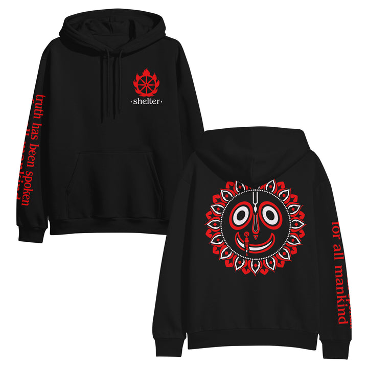 Shelter black hoodie featuring a small lotus logo and shelter. text on the chest, Truth has been spoken on the right sleeve, a large red, white, and black sun face graphic on the back, and for all mankind on the left sleeve.