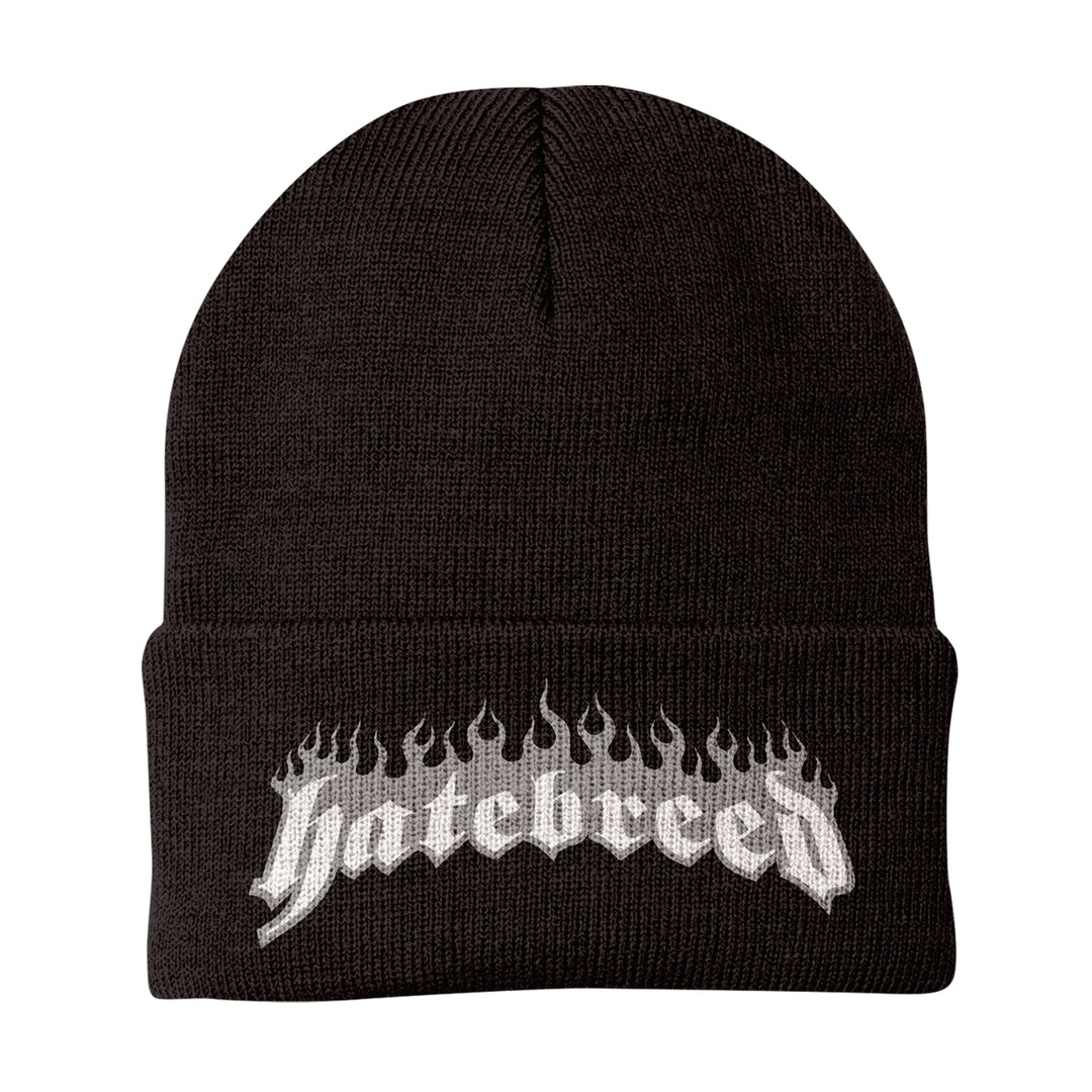 A black knit beanie by Hatebreed featuring the bands name in a white, flame-style font on the front fold.