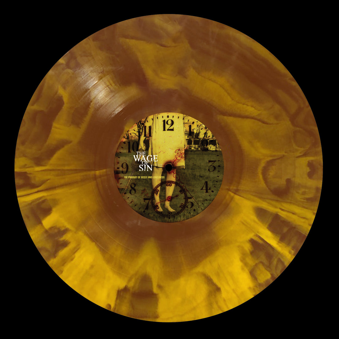 A yellow-and-brown marbled 140g vinyl record features The Wage Of Sin's name in stylized white letters on a label with a vintage clock, a cyclist, and an aged background.
