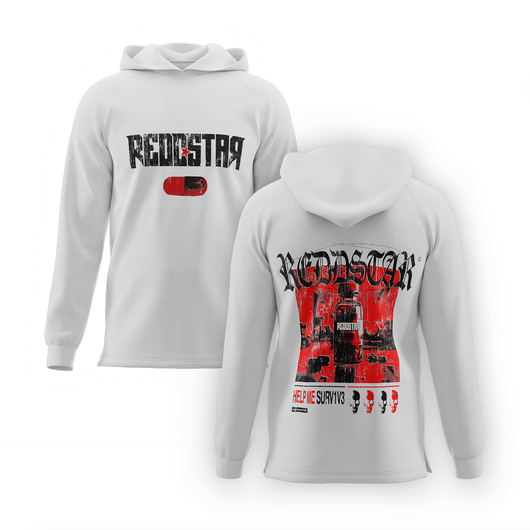 White hoodies by REDDSTAR feature black and red graphics inspired by album art: the front shows REDDSTAR and a red pill, while the back displays a soldier, RESIST and HELP ME SURVIVE text, skull icons, and bold REDDSTAR lettering at the top.