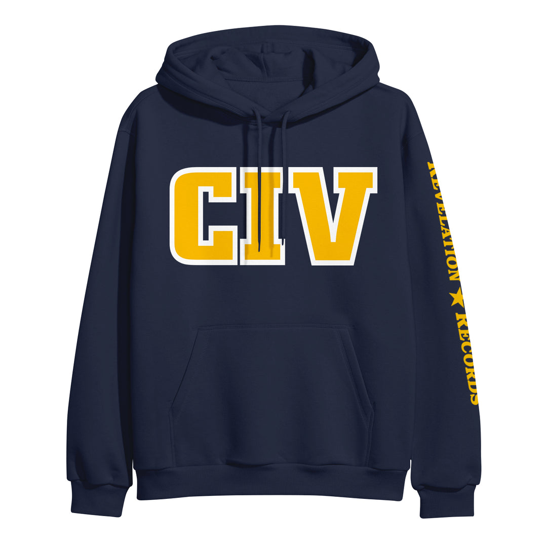 A CIV navy blue hoodie featuring large yellow and white block "CIV" lettering on the front and "REVELATION RECORDS" in yellow on the right sleeve—a distinctive printed piece for fans.