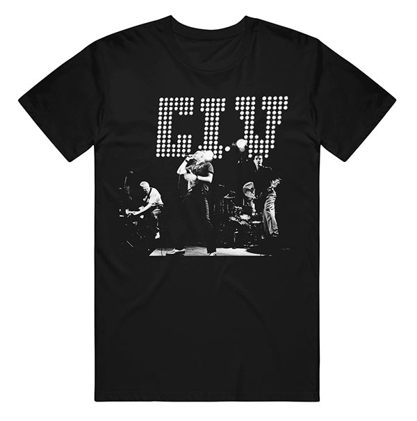 CIV black t-shirt on Gildan heavy cotton features a black-and-white stage performance image and bold dotted "C.I.V" lettering above the band. Ideal for fans of distinctive printed apparel.