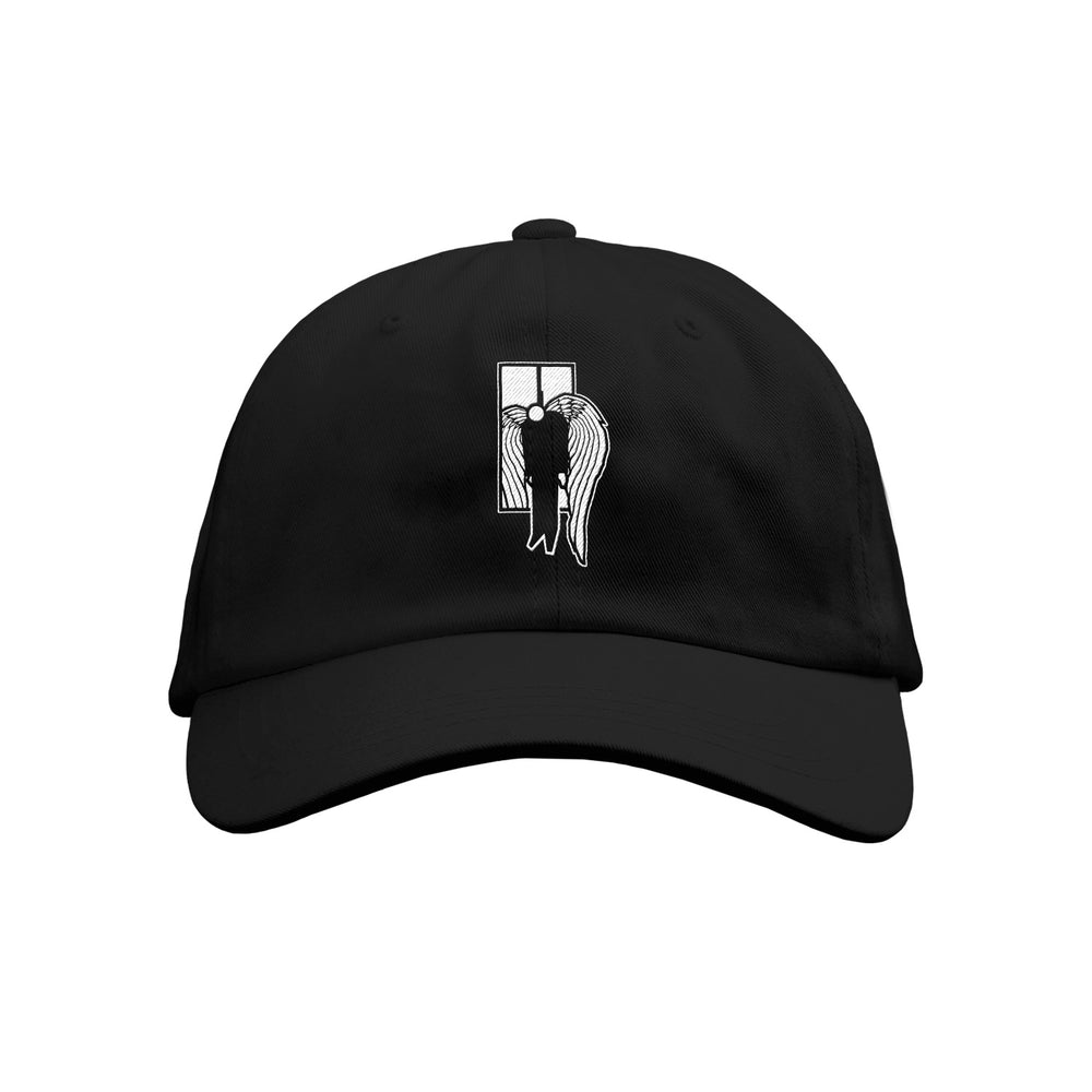 A black washed dad hat by 7 Angels 7 Plagues, featuring a small white angel standing before a window graphic, centered on the front panel.