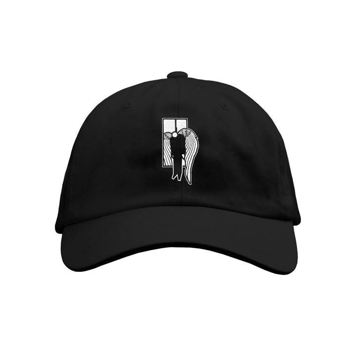 A black washed dad hat by 7 Angels 7 Plagues, featuring a small white angel standing before a window graphic, centered on the front panel.