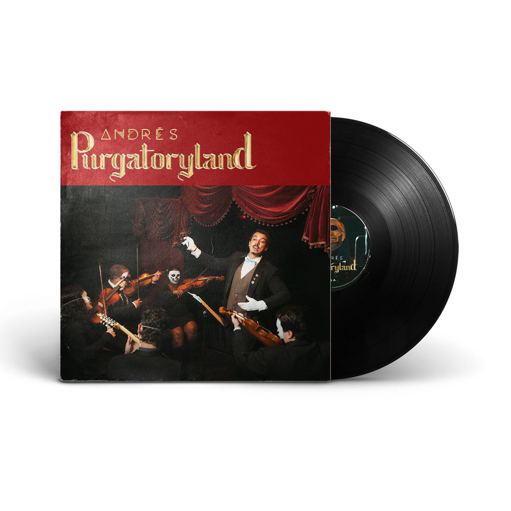 A limited edition Andrés vinyl partially out of its cover titled “Purgatoryland,” shows a conductor leading a string quartet with skull face paint onstage, framed by red curtains.