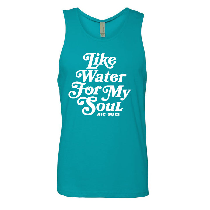 The MC YOGI Tahiti Blue Tank Top features bold white Like Water For My Soul text in a decorative font—ideal for relaxed vibes and everyday comfort.