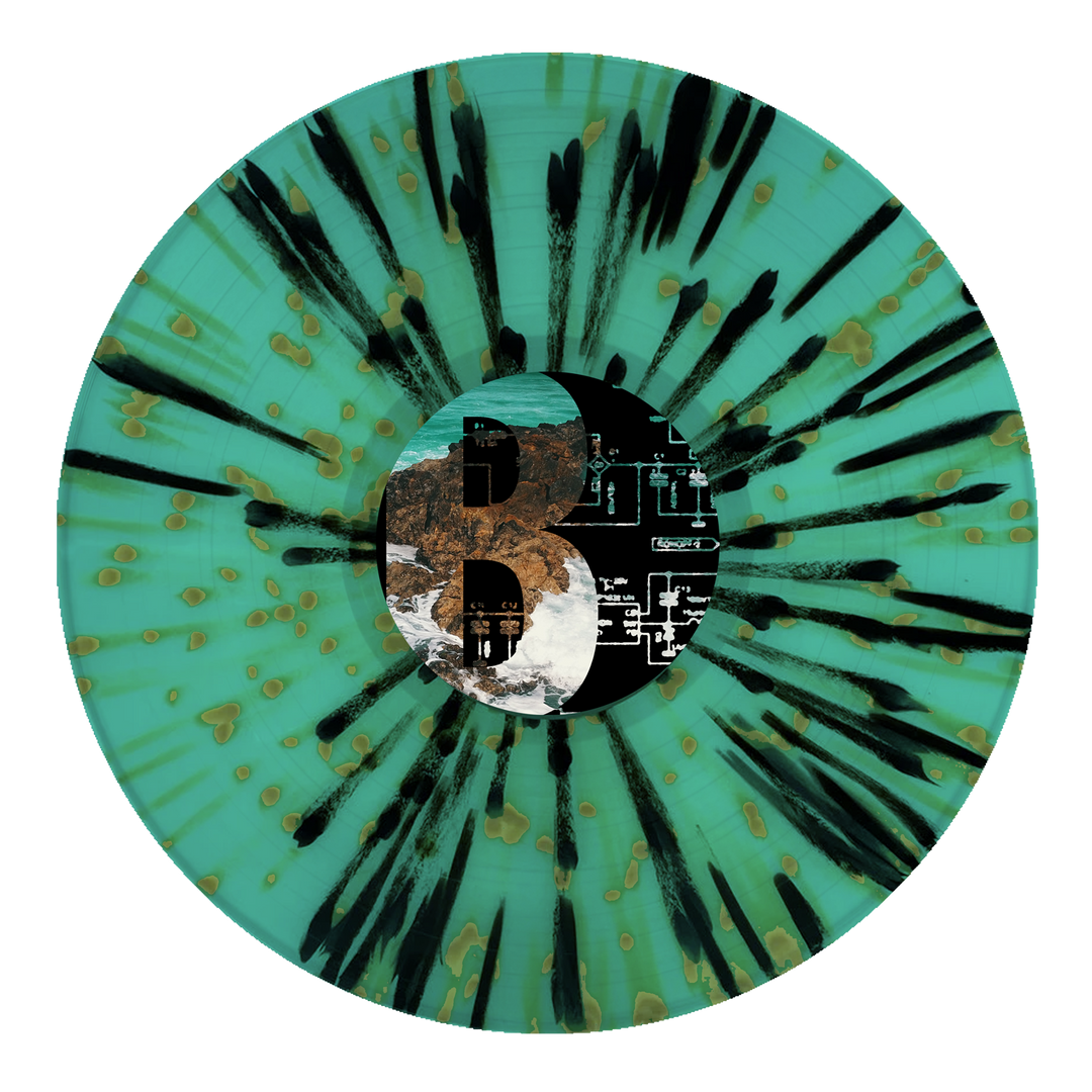 A turquoise Joshua vinyl with black splatters and brown spots, featuring a central label that blends landscape, waves, and technical diagrams—an eye-catching piece for any post hardcore emo collection.