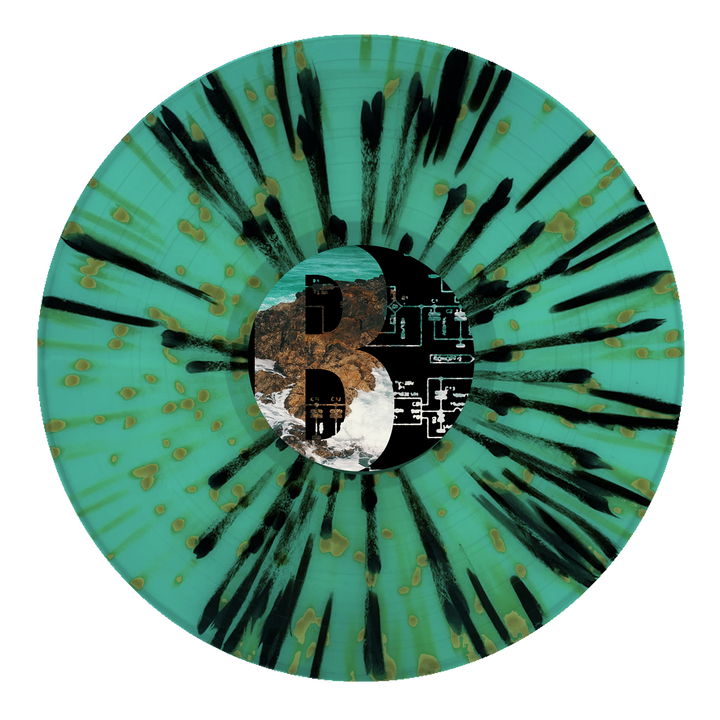 A turquoise Joshua vinyl with black splatters and brown spots, featuring a central label that blends landscape, waves, and technical diagrams—an eye-catching piece for any post hardcore emo collection.