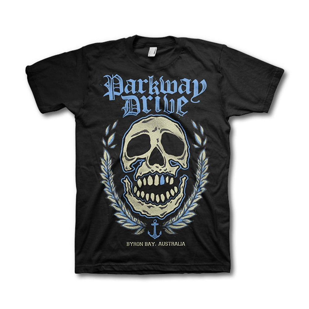 Parkway Drive black t-shirt featuring Parkway Drive text above a large skull graphic with laurel branches, and Byron Bay, Australia at the bottom.