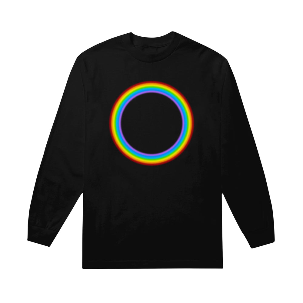 A black 21 Taras Collective long sleeve shirt featuring a bold, rainbow-colored circle design on the chest.