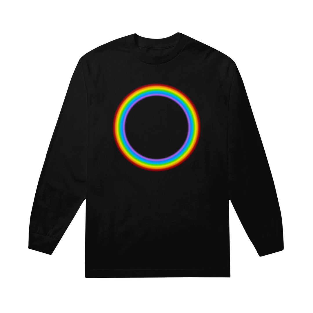 A black 21 Taras Collective long sleeve shirt featuring a bold, rainbow-colored circle design on the chest.