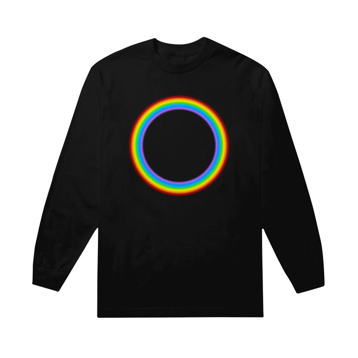 A black 21 Taras Collective long sleeve shirt featuring a bold, rainbow-colored circle design on the chest.