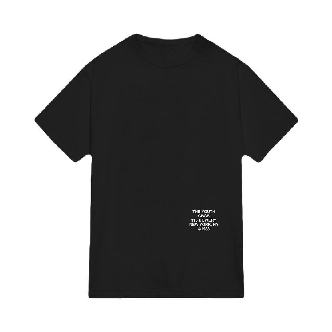Crucial Times black t-shirt with minimalist white text on the lower right: THE YOUTH CBGB 315 BOWERY NEW YORK, NY c. 1986. Made on Comfort Colors. Available for presale—ships 5/15/26.