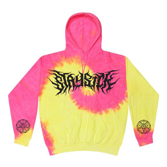 The Stay Sick Clothing tie-dye hoodie features a pink and yellow Fluorescent Swirl, STAY SICK in black graffiti text on the chest, and black circular symbols on both sleeves.