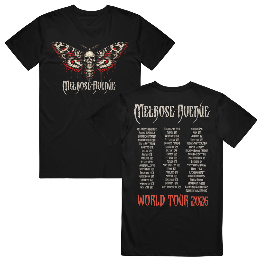 Melrose Avenue black ASColour 5001 Staple T-Shirt with skull moth and Melrose Avenue text on front; made from 100% combed cotton. White and red gothic city names on back for the World Tour 2026.