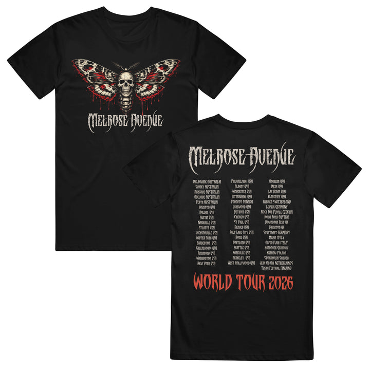 Melrose Avenue black ASColour 5001 Staple T-Shirt with skull moth and Melrose Avenue text on front; made from 100% combed cotton. White and red gothic city names on back for the World Tour 2026.