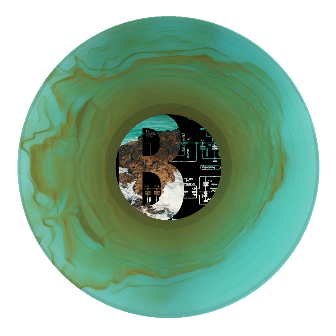A translucent teal post hardcore vinyl with brown swirls from Joshua. The center label shows ocean waves, rocky cliffs, and circuit diagrams—perfect for fans of emo and A Whole New Theory.