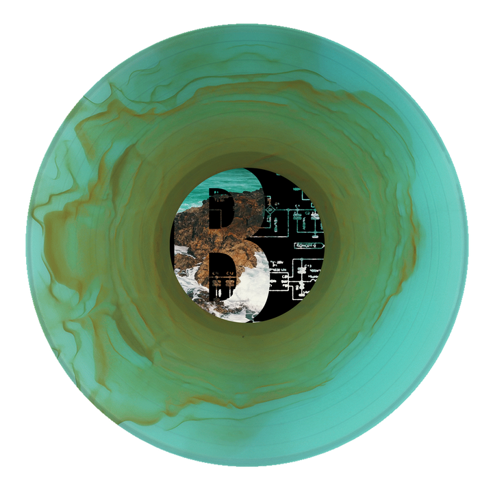 A translucent teal post hardcore vinyl with brown swirls from Joshua. The center label shows ocean waves, rocky cliffs, and circuit diagrams—perfect for fans of emo and A Whole New Theory.