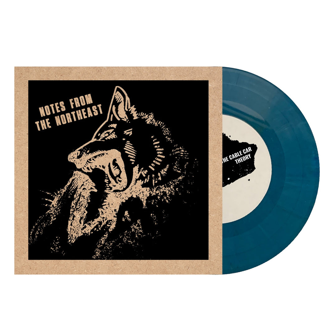 A teal limited edition 7-inch vinyl by Immigrant Sun Records is partially out of a brown sleeve featuring bold "NOTES FROM THE NORTHEAST" text and a black and tan howling wolf graphic. The record label text is partially visible.