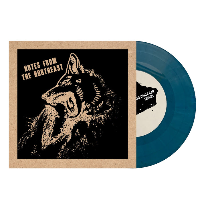 A teal limited edition 7-inch vinyl by Immigrant Sun Records is partially out of a brown sleeve featuring bold "NOTES FROM THE NORTHEAST" text and a black and tan howling wolf graphic. The record label text is partially visible.