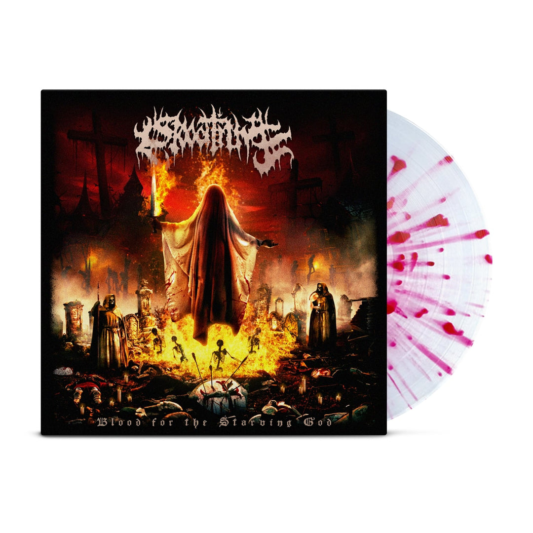 Blood Tithe’s Ruby Splatter Vinyl LP, partially seen behind the cover with a levitating hooded figure above flames. Don’t miss out—secure your Blood For The Starving God vinyl today in our exclusive presale!.