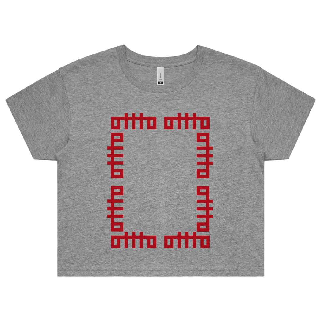 A gray OTTTO short-sleeve t-shirt features a red "otto" geometric square pattern on the front, crafted with high-quality materials for comfort and style.