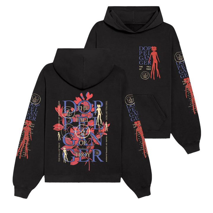 The Fall of Troy midweight pullovers with colorful abstract designs, DOPPELGANGER and THE DEATH OF TROY text, plus stylized human figures printed on both front and back.
