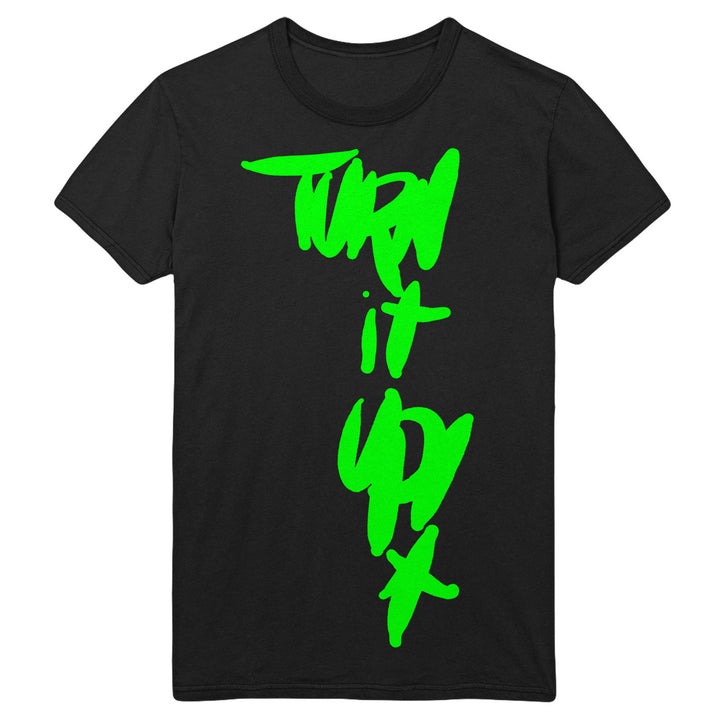 A black Orange 9mm cotton t-shirt features bold, bright green graffiti-style "Turn it up" text printed vertically down the front—a standout piece among printed garments.
