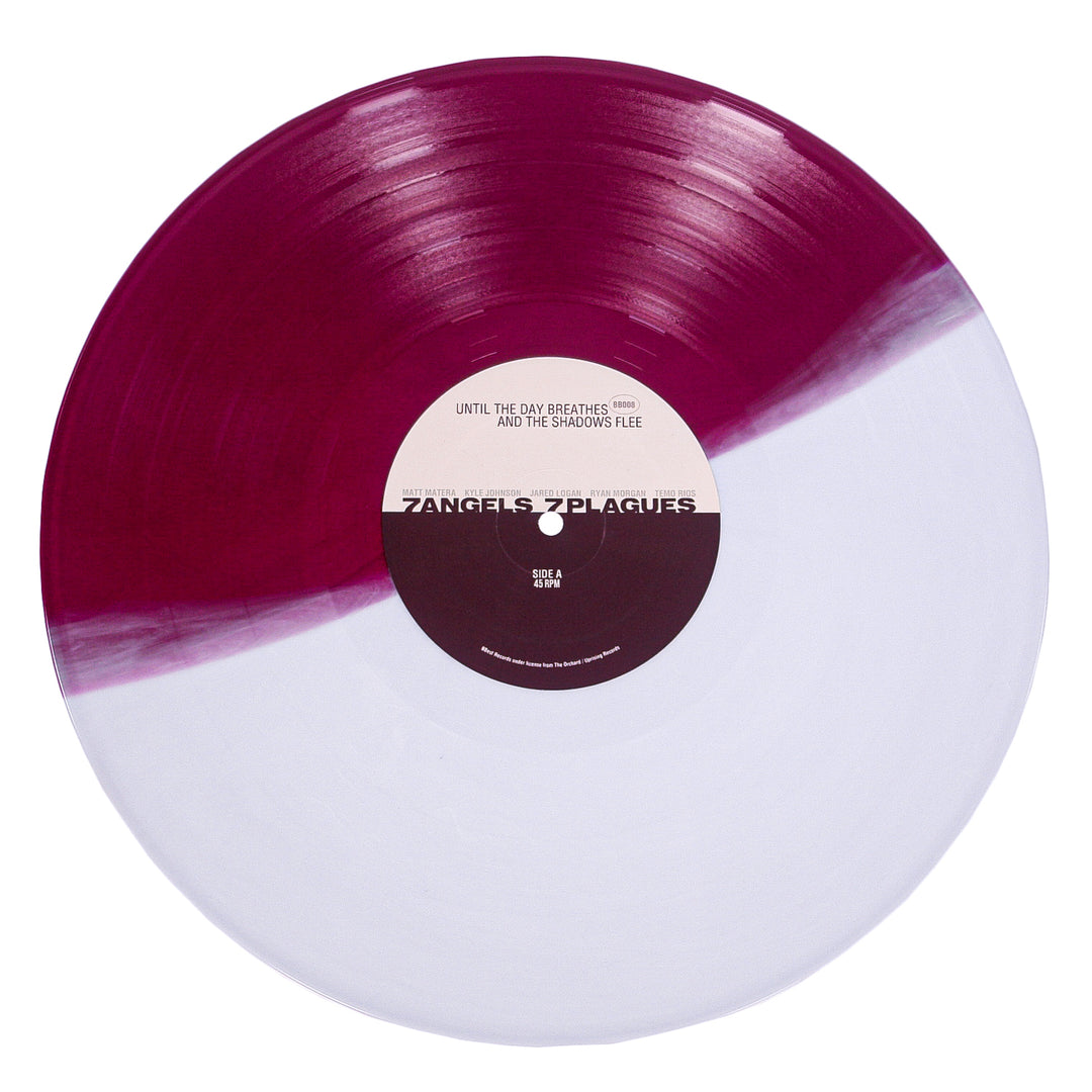 This 2 Color Split vinyl from 7 Angels 7 Plagues features a deep maroon upper half and white lower half, with the center label listing Shadows Flee, Day Breathes, and track details.
