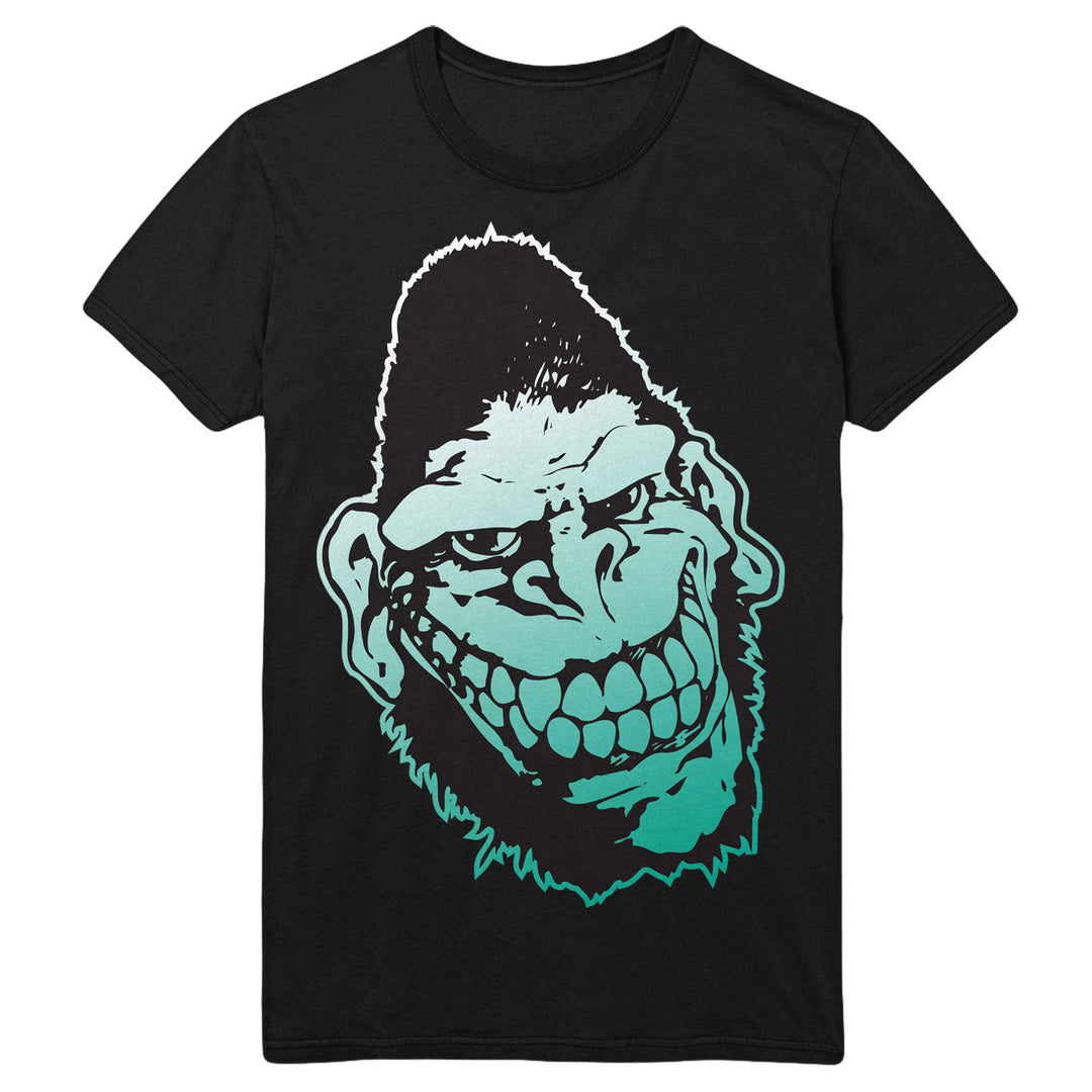 A black Gorilla Biscuits Gildan heavy cotton t-shirt with a bold teal and white cartoon gorilla face graphic on the front.