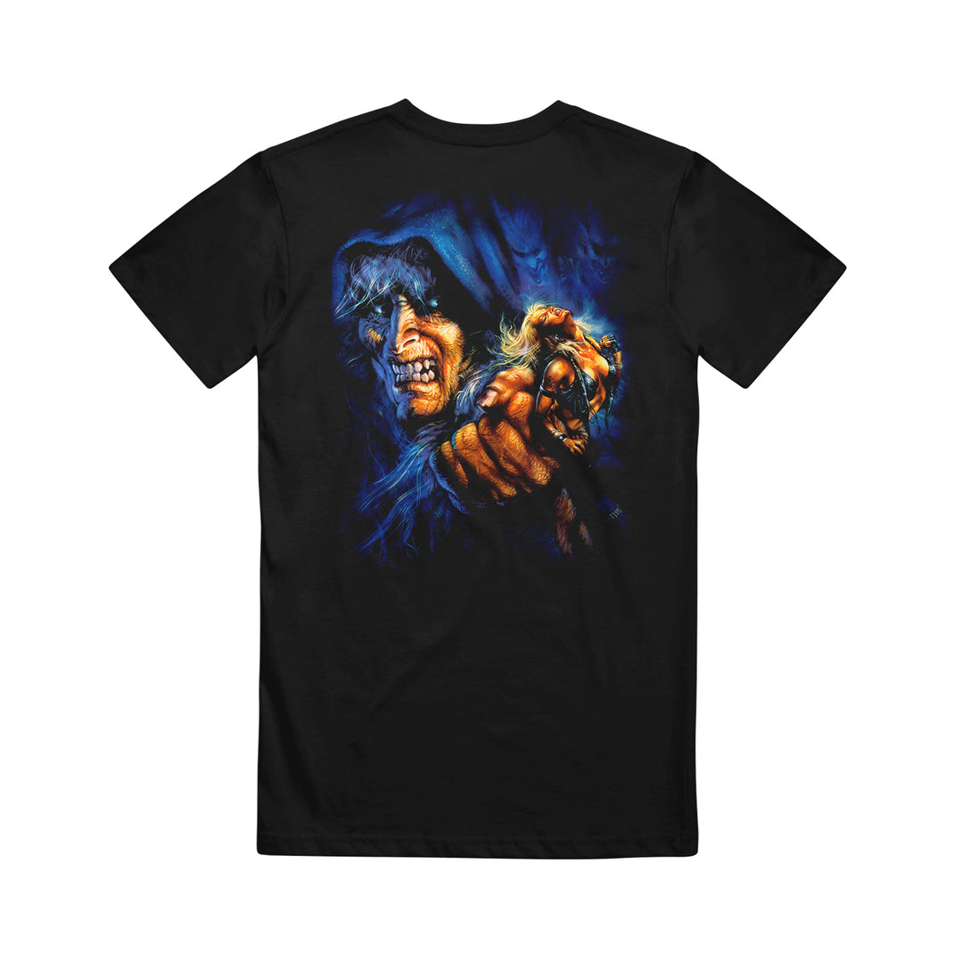 The Doro Black Warlock T-Shirt showcases striking back artwork of a sinister, hooded figure clutching a skull, illuminated by blue and orange light.