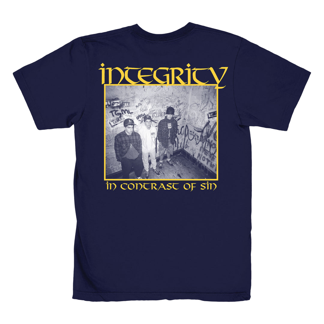 Navy blue Integrity Heavy Cotton T-Shirt with a black-and-white photo of three people on a graffiti stairwell, INTEGRITY above and IN CONTRAST OF SIN below in yellow—a unique piece for your printed tees collection.
