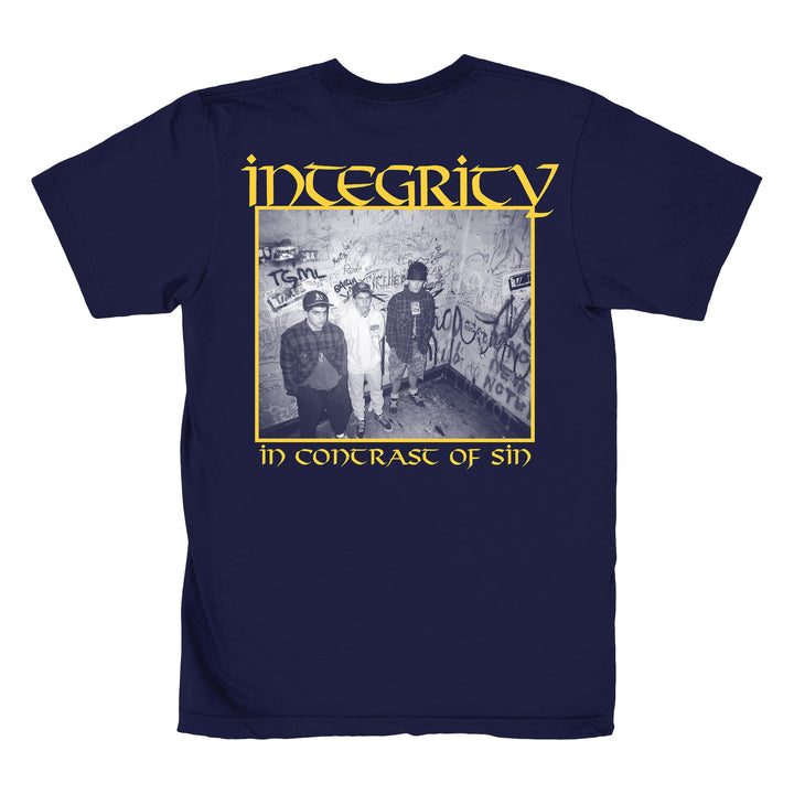Navy blue Integrity Heavy Cotton T-Shirt with a black-and-white photo of three people on a graffiti stairwell, INTEGRITY above and IN CONTRAST OF SIN below in yellow—a unique piece for your printed tees collection.