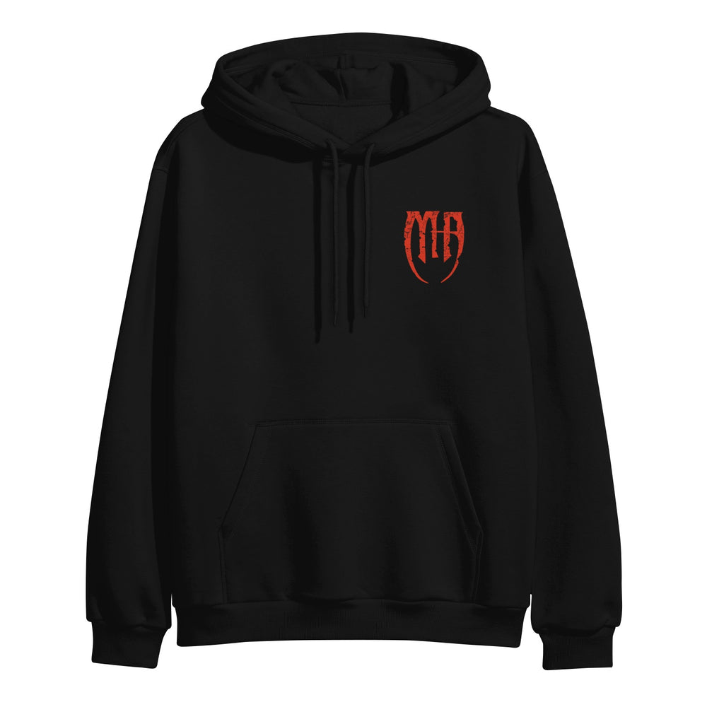 A black Melrose Avenue pullover hoodie with front pocket and hood, featuring a small red gothic “MR” logo on the left chest.