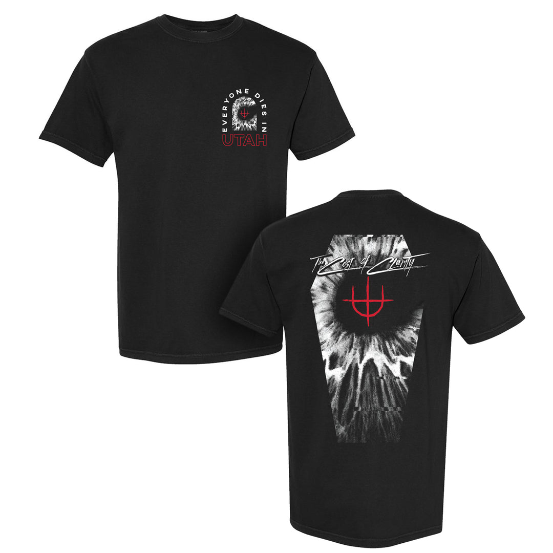 Everyone Dies In Utah black Comfort Colors t-shirt features a red graphic and band name on the front; the back showcases a large eye, red symbol, and stylized white text.