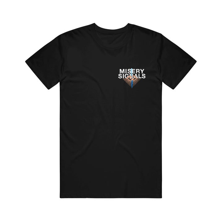 Black Comfort Colors t-shirt by Misery Signals featuring the band name in white on the left chest above a geometric blue and orange downward-pointing striped design.