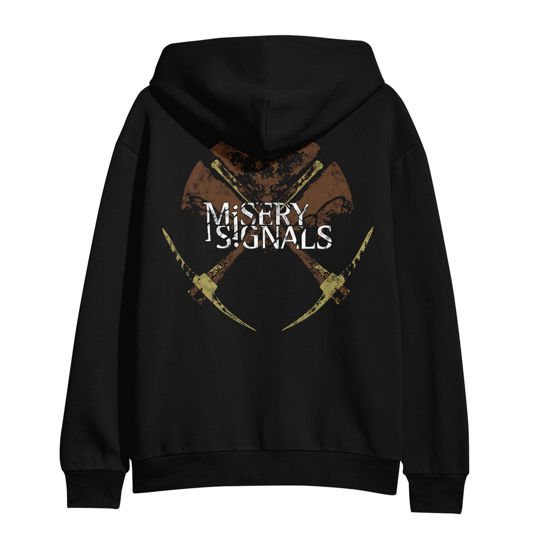 A black Misery Signals zip-up sweatshirt features two crossed battle axes and "MISERY SIGNALS" in white, distressed letters on the back.