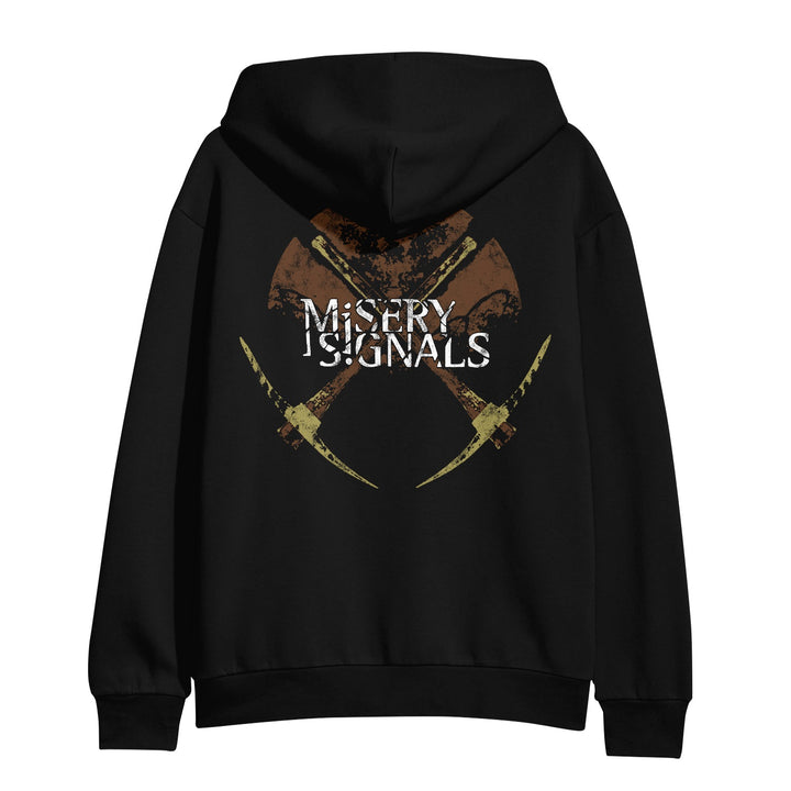 A black Misery Signals zip-up sweatshirt features two crossed battle axes and "MISERY SIGNALS" in white, distressed letters on the back.