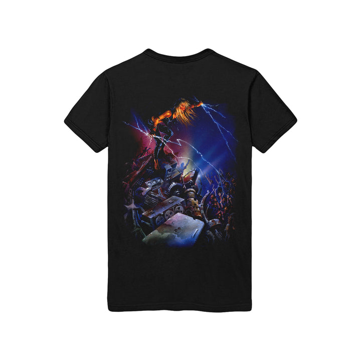 This rare Doro diamond black t-shirt showcases a dramatic, colorful long-haired figure with a sword atop wreckage, lit by lightning above a crowd—a bold standout piece for adventurous styles.