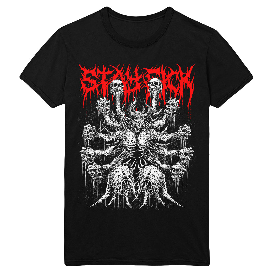 Stay Sick Clothing black T-shirt with a red jagged logo and a detailed white Demon Lord graphic—a multi-armed, horned skeletal figure with skulls and melting textures.