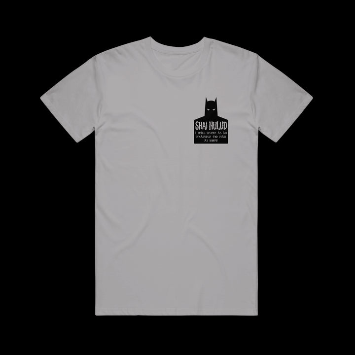 This light gray Shai Hulud shirt features a black sandworm with cat-like ears and bold “SHAI HULUD If I want to be a sandworm, Ill be a sandworm” text printed on the upper left chest.