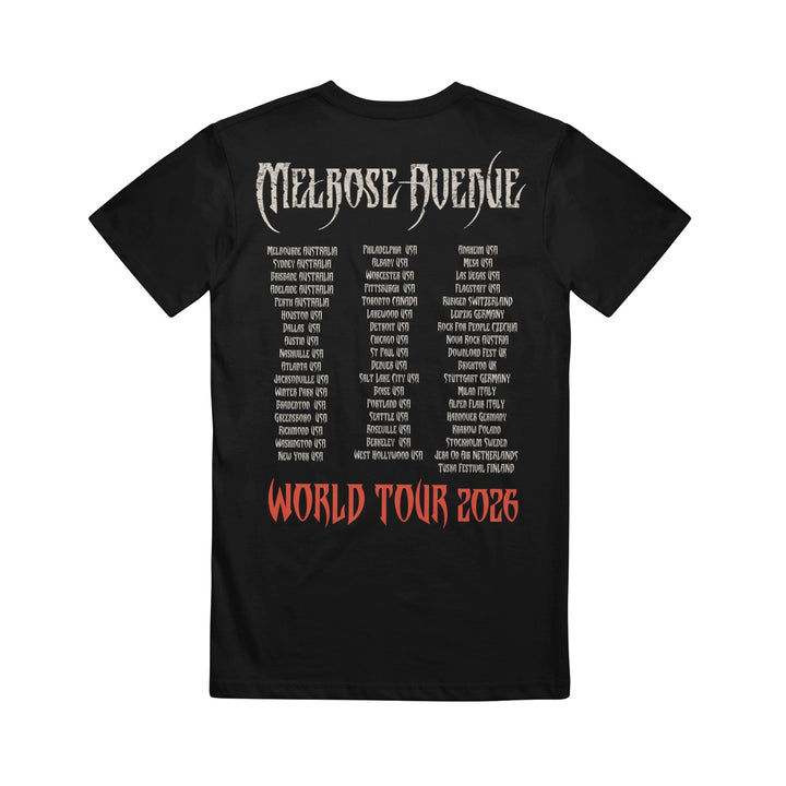 The Melrose Avenue Black Staple T-Shirt is made from 100% combed cotton, with "Melrose Avenue" in large gothic font on the front, world tour cities and dates on the back, and "World Tour 2026" in bold red at the bottom.