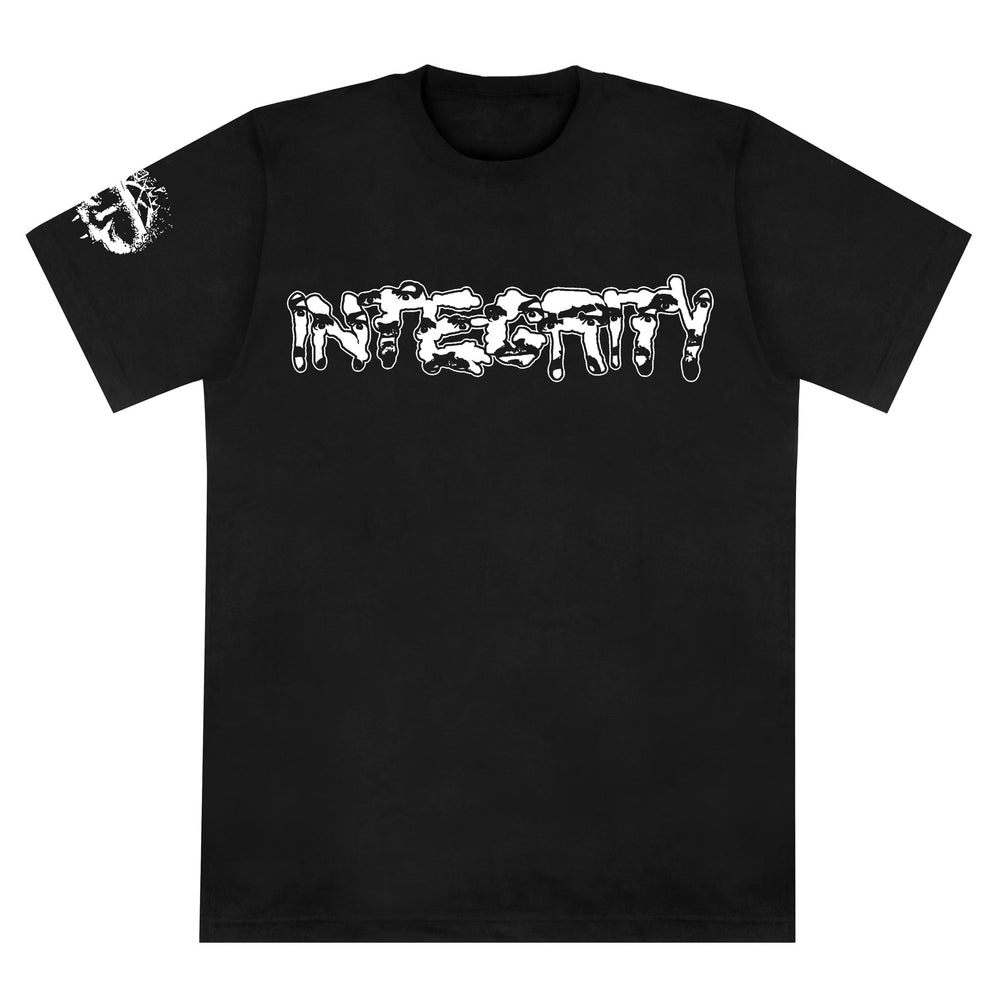 The Integrity brand black Gildan Heavy Cotton T-shirt features INTEGRITY in large, white, distressed melting font across the chest and a white circular splatter graphic on the left sleeve near the shoulder.