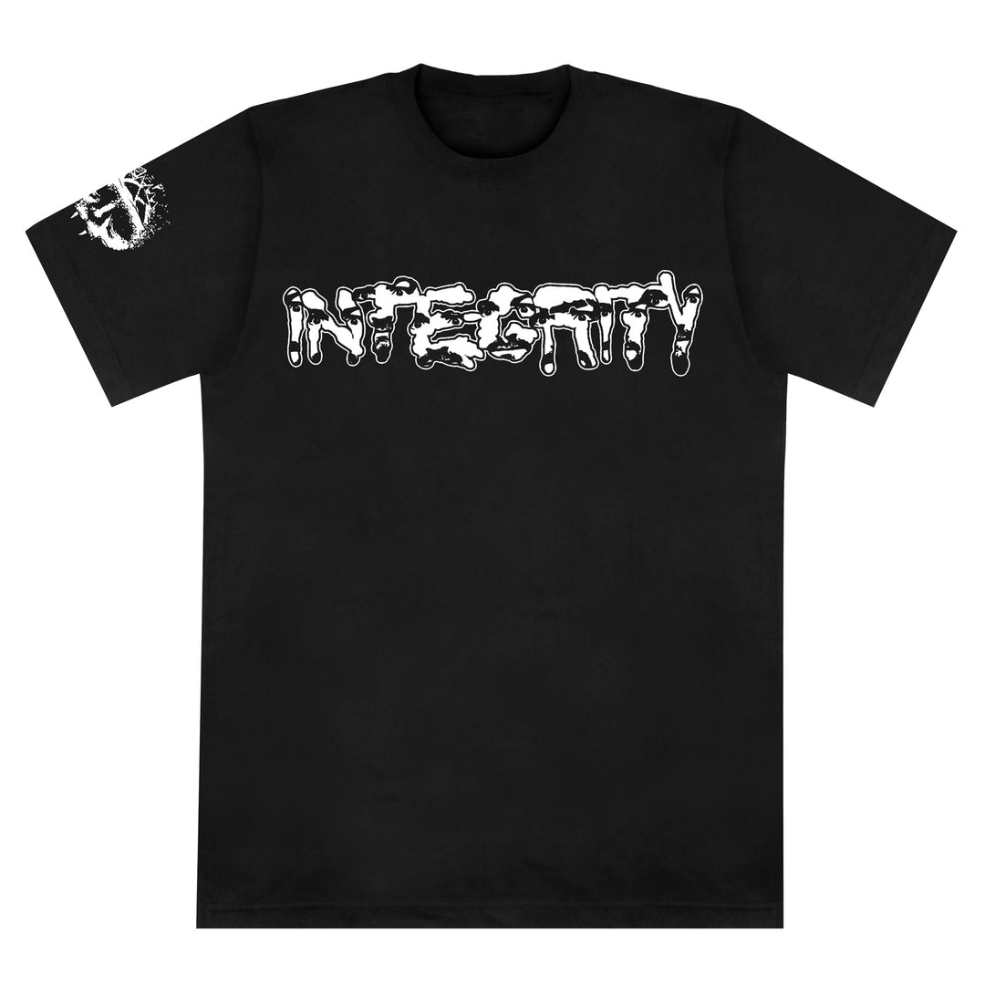 The Integrity brand black Gildan Heavy Cotton T-shirt features INTEGRITY in large, white, distressed melting font across the chest and a white circular splatter graphic on the left sleeve near the shoulder.