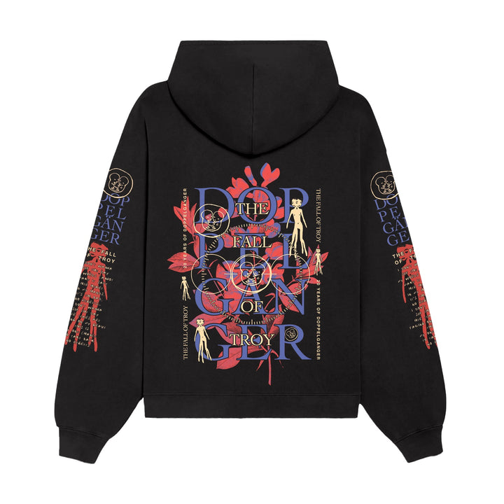 A black midweight pullover hoodie by The Fall of Troy, featuring vibrant graphic prints of red leaves, skeletons, and bold “The Fall of Troy” and “Doppelganger” text on the back.