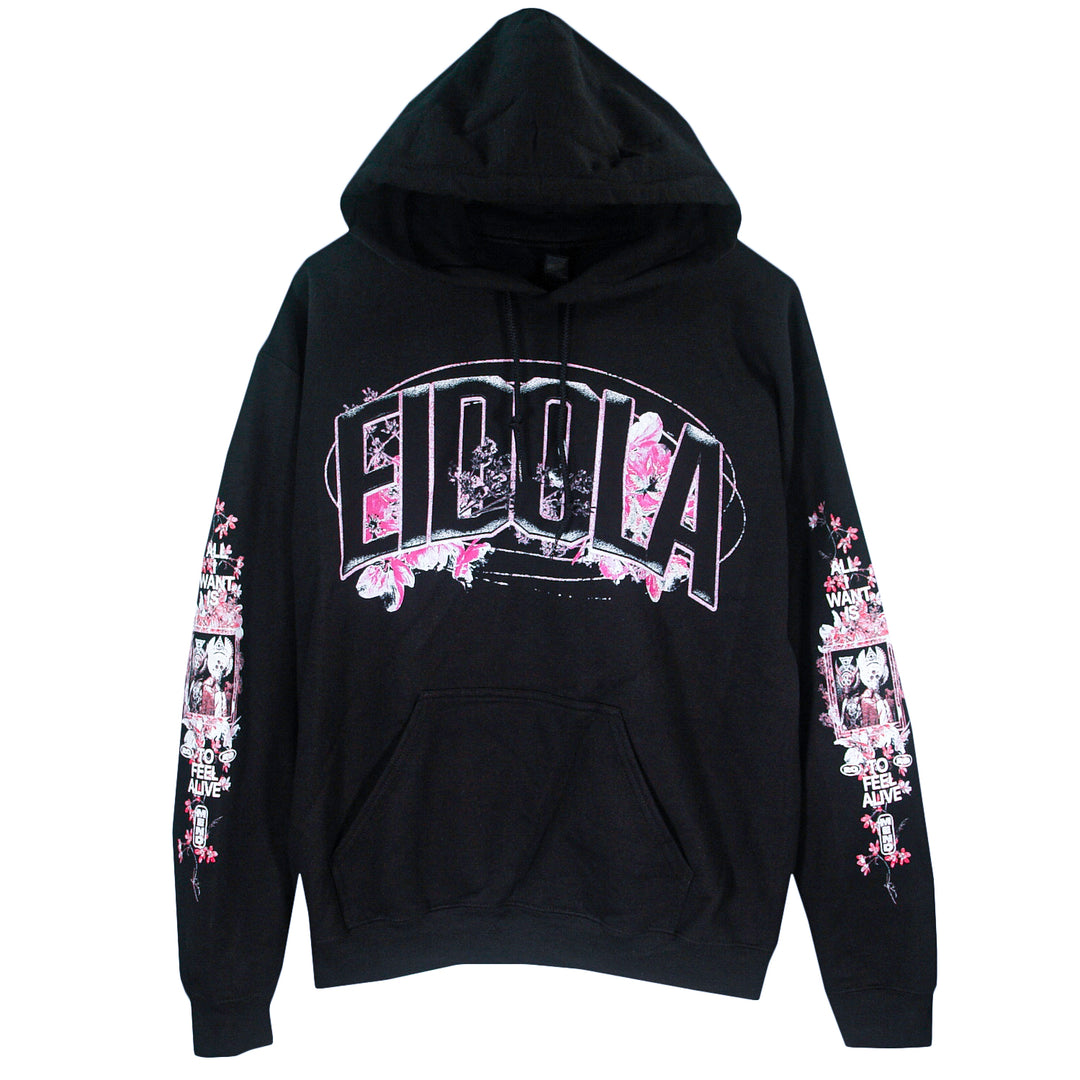 Eidola black hooded sweatshirt with “EIDOLA” in bold on the chest, pink floral and anime-style graphics on both sleeves, front pocket, and drawstring hood.