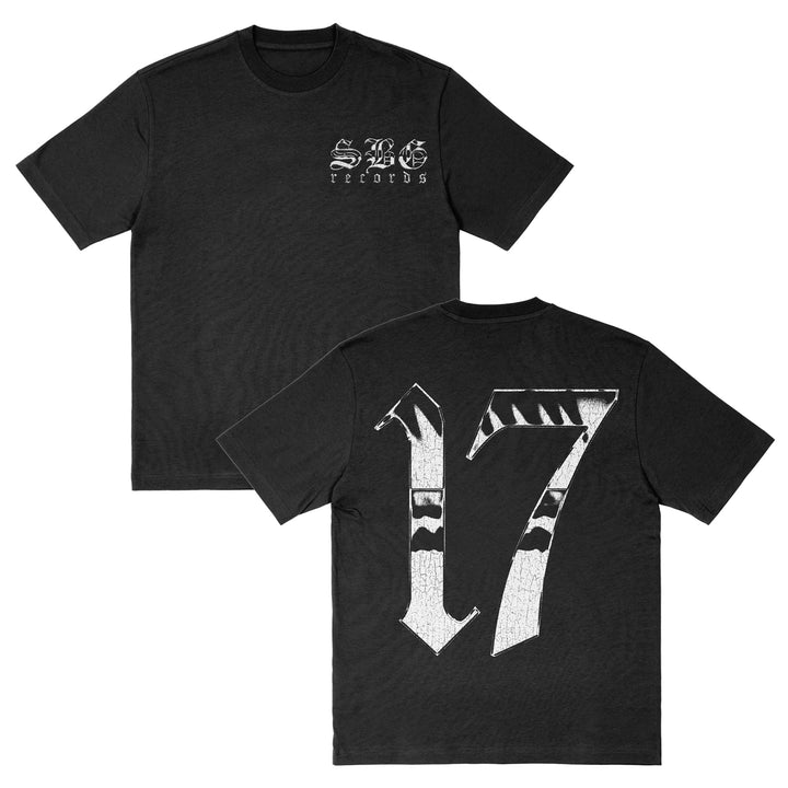 Black American Apparel T-shirt featuring SBG Records in white gothic print on the front left chest and a large, distressed number 17 with a cracked effect printed on the back.