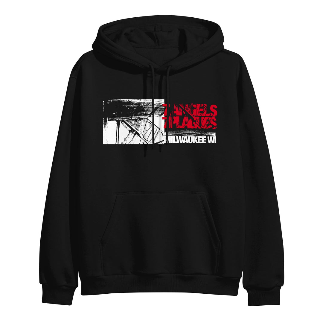 A black midweight pullover hoodie by 7 Angels 7 Plagues featuring abstract black and white lines, bold red ANGELS & AIRWAVES text, and MILWAUKEE WI in white below. Quality you can trust from Independent Trading Company.