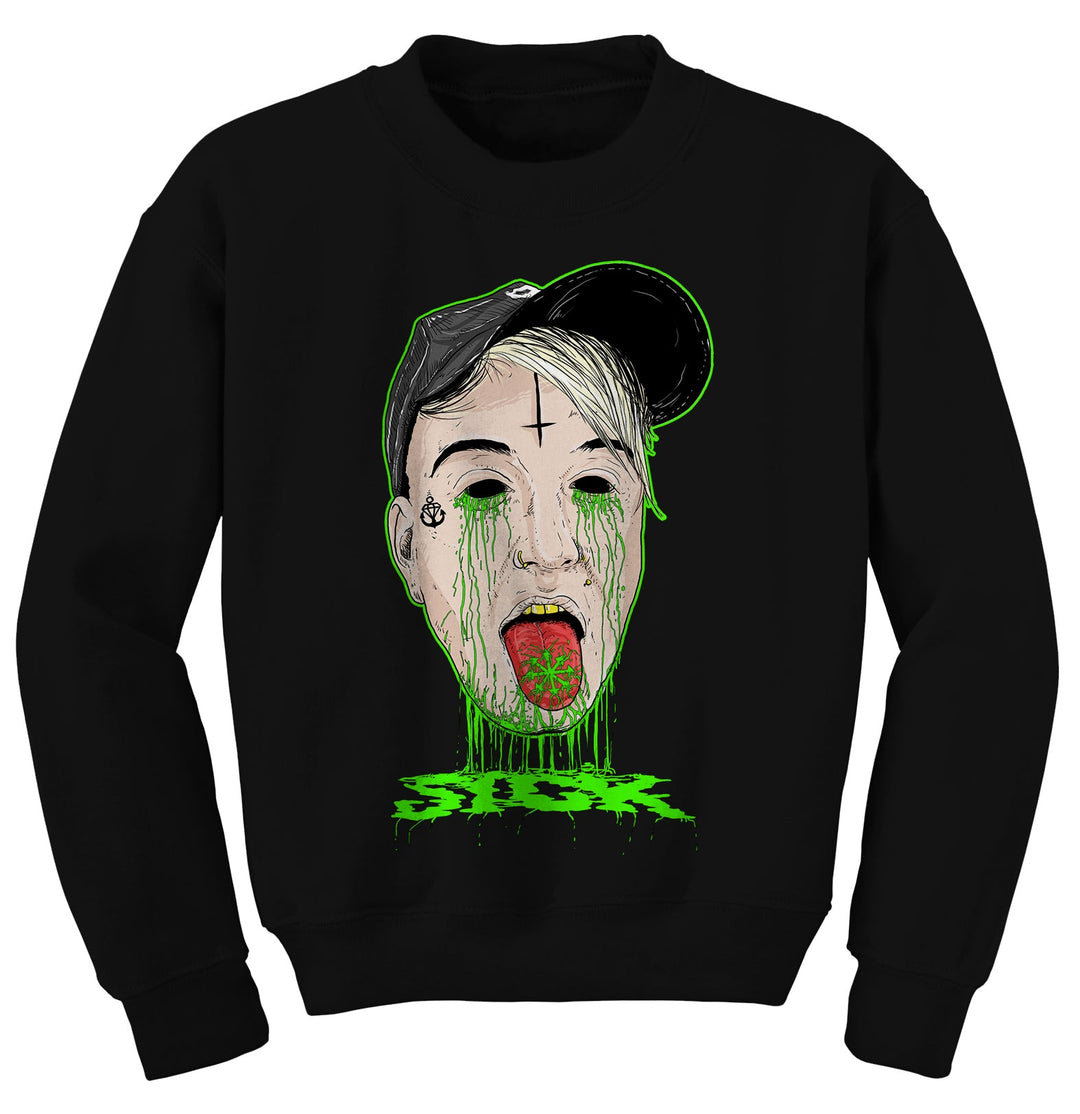 Stay Sick Clothing black crewneck with a graphic of a persons head, green slime from eyes and mouth, tongue out with green design, and SICK in neon green dripping letters below. Final print by Fronz Gore.